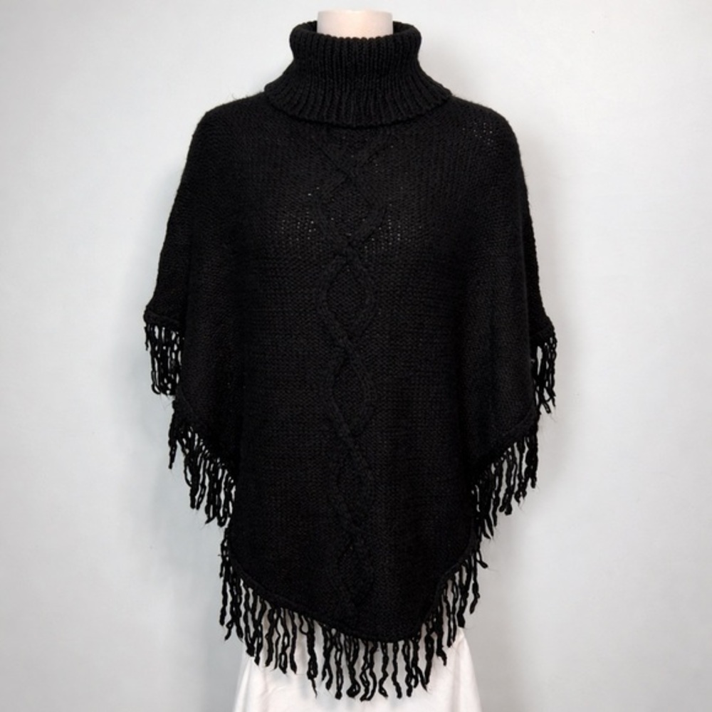 Anthropologie Black Poncho Sweater with Fringe